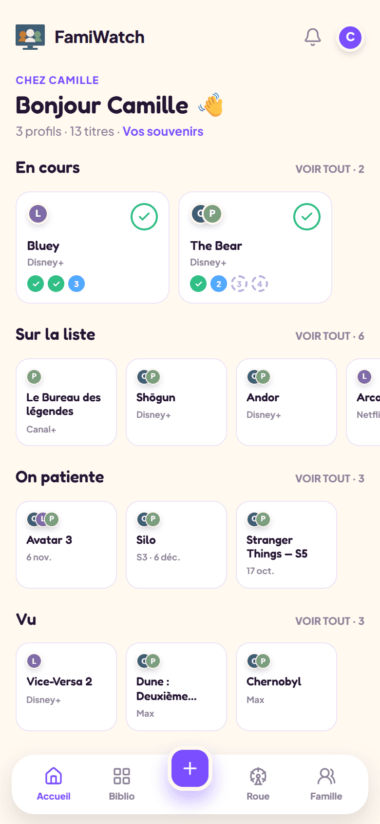 Le tableau de bord FamiWatch — capture réelle de l'application, données fictives de démonstration