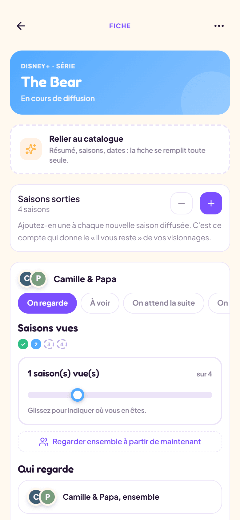 La fiche d'une série dans FamiWatch — capture réelle de l'application, données fictives de démonstration