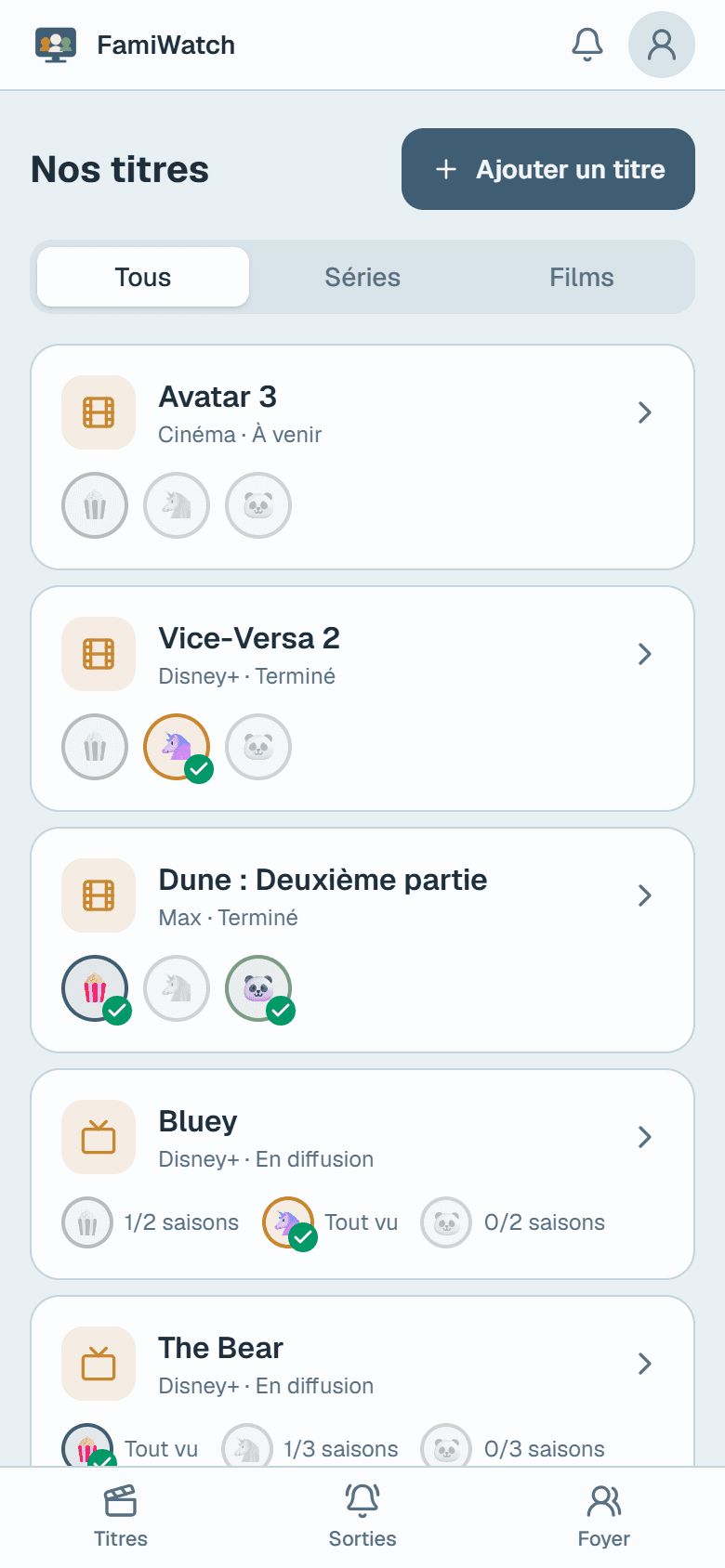 Le tableau de bord FamiWatch — capture réelle de l'application, données fictives de démonstration