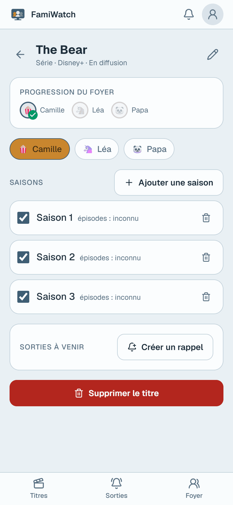 La fiche d'une série dans FamiWatch — capture réelle de l'application, données fictives de démonstration