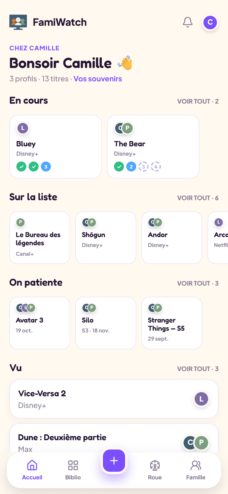 Le tableau de bord FamiWatch — capture réelle de l'application, données fictives de démonstration