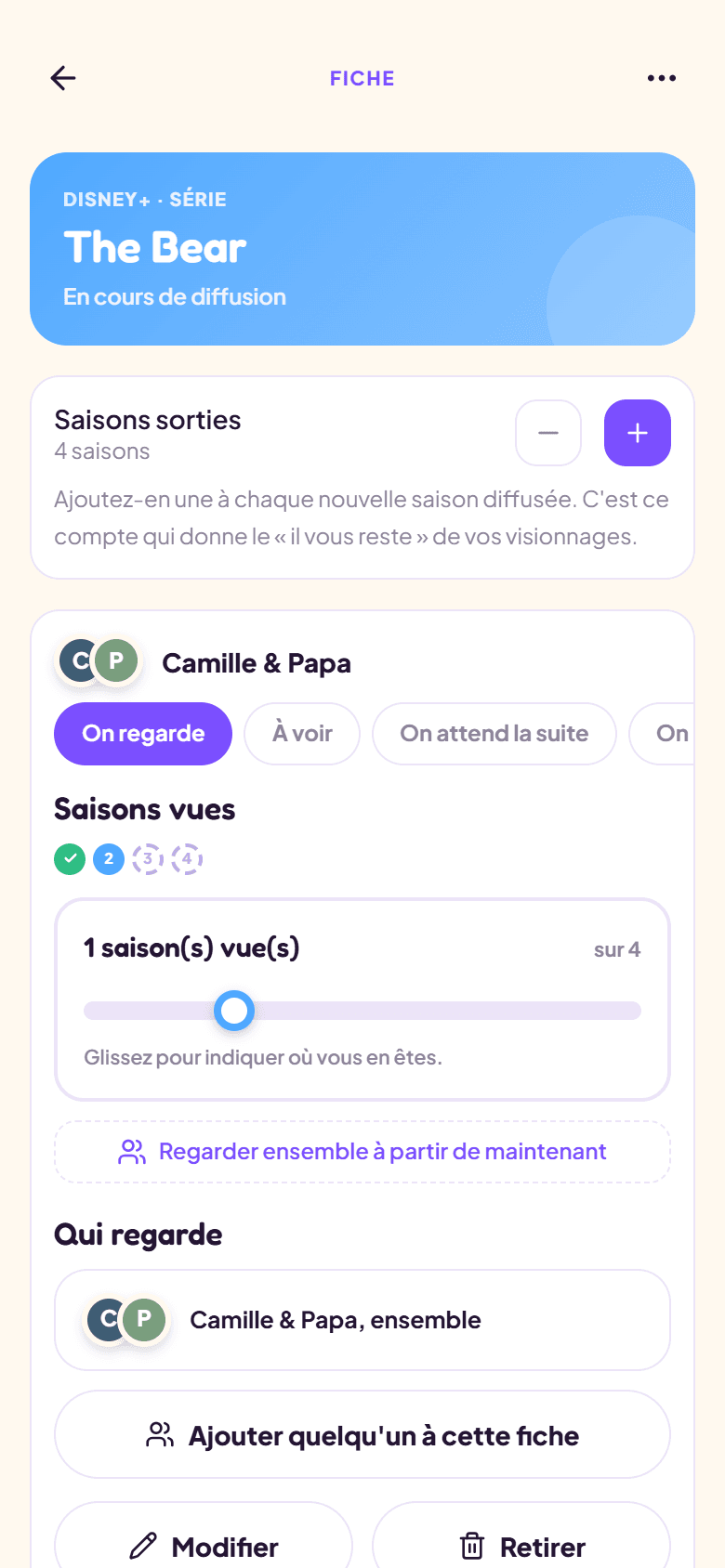La fiche d'une série dans FamiWatch — capture réelle de l'application, données fictives de démonstration